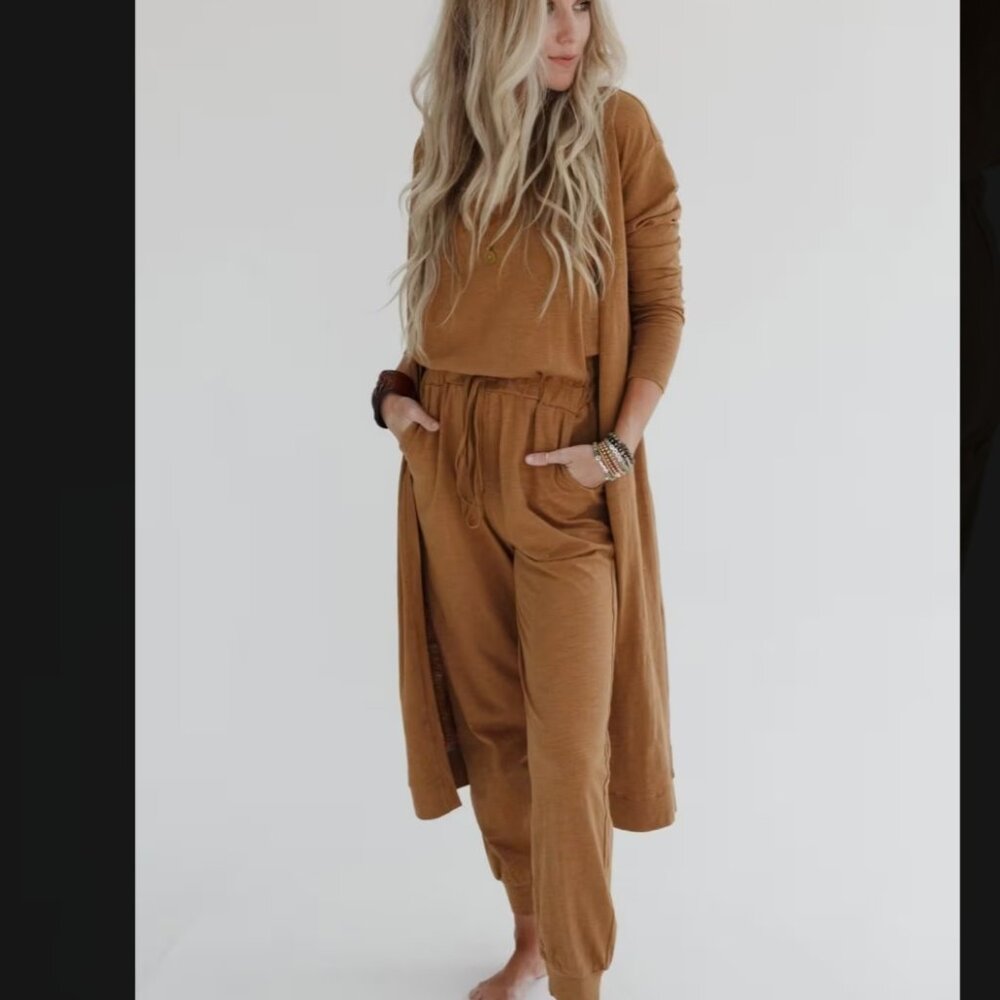 Three Bird Nest Rust-Colored Knit Jumpsuit with Matching Duster